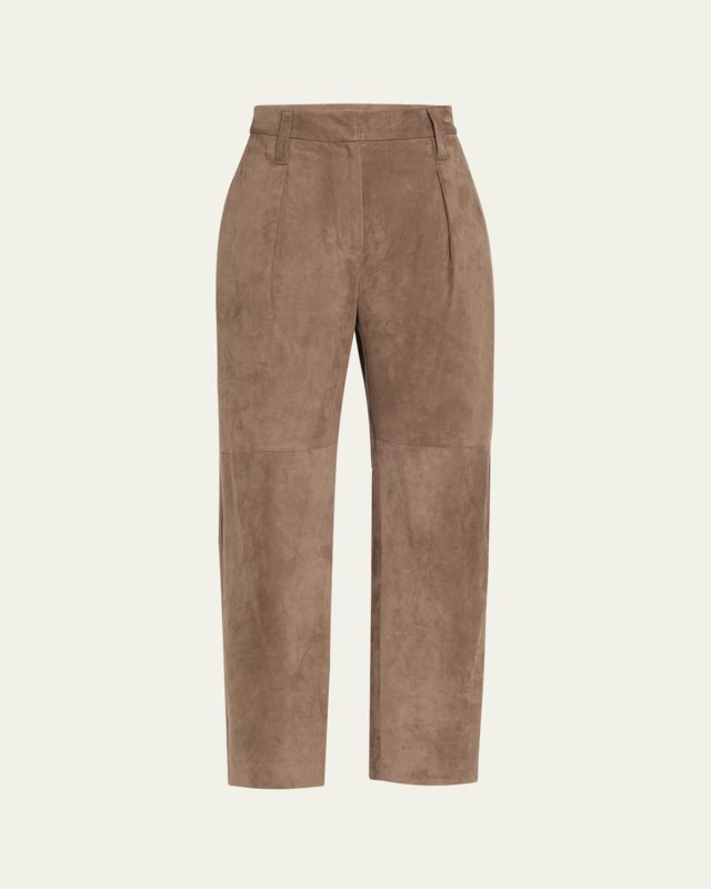 Pleated Suede Straight-Leg Ankle Trousers