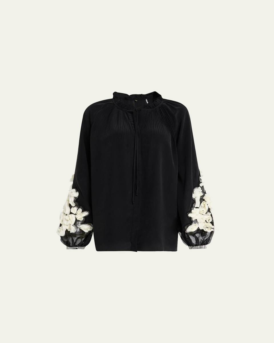 Carlin Blouson-Sleeve Floral Applique Blous