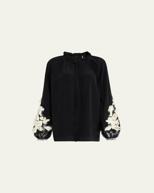 Carlin Blouson-Sleeve Floral Applique Blous