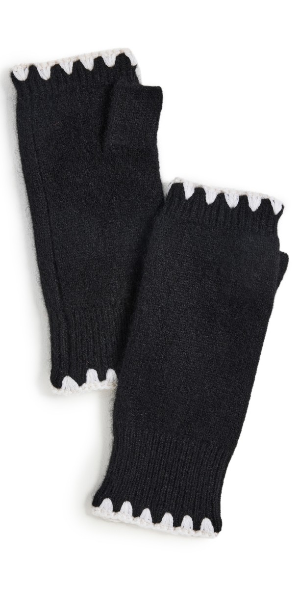 White + Warren Cashmere Crochet Trim Handwarmers Black/White