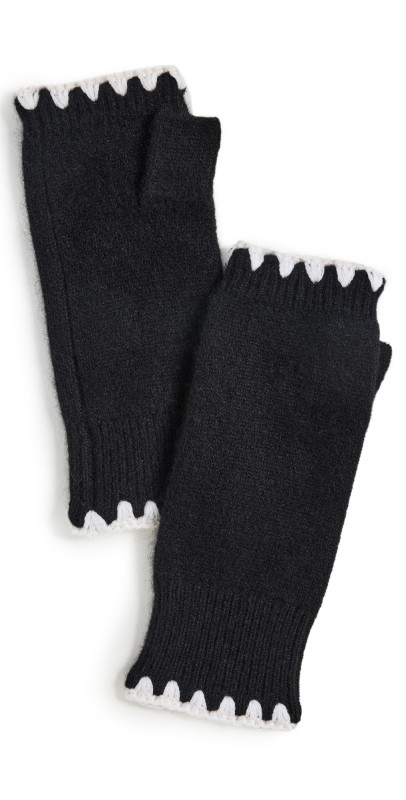 White + Warren Cashmere Crochet Trim Handwarmers Black/White