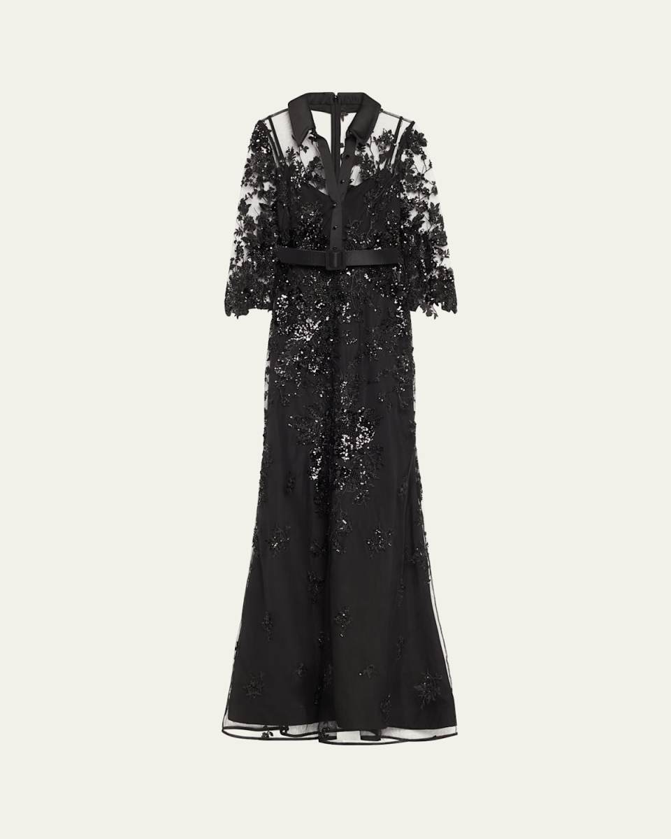 Beaded Floral Lace Shirt Gown