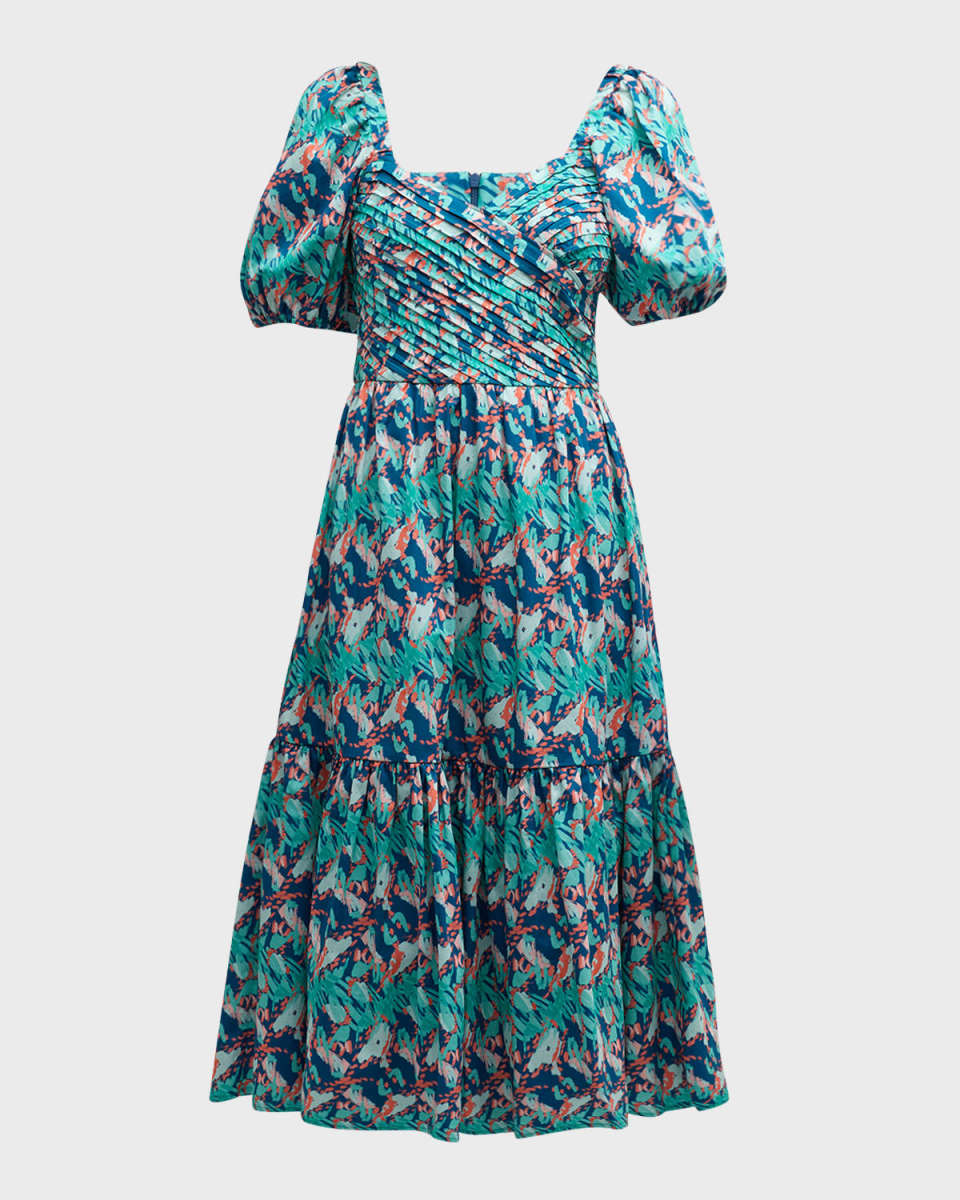 Concordia Puff-Sleeve Abstract-Print Midi Dress
