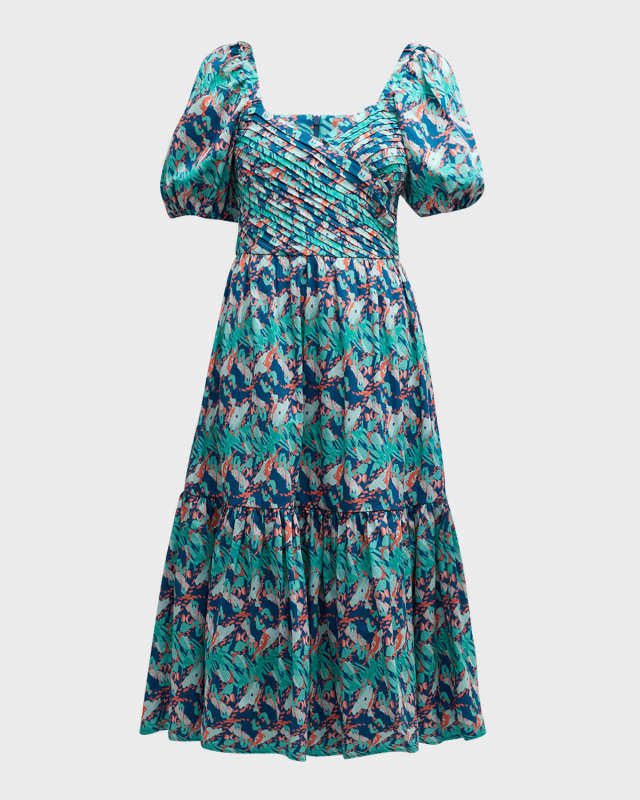 Concordia Puff-Sleeve Abstract-Print Midi Dress