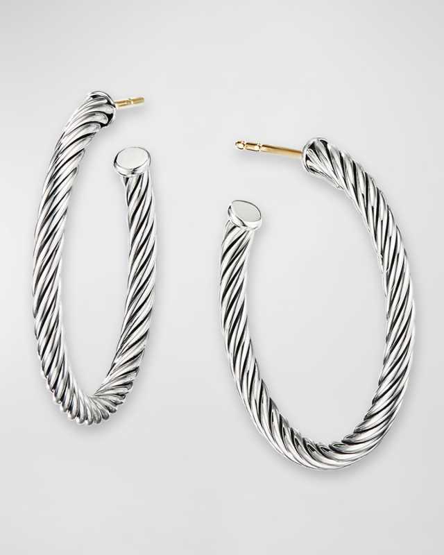 Sculpted Cable Hoop Earrings in Silver, 3mm, 1"L