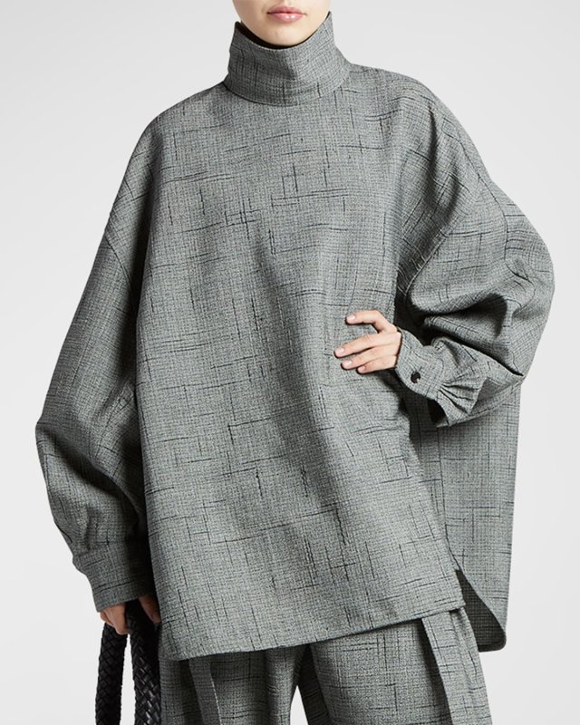 Turtleneck 3D Crisscross Plaid Jacquard Oversized Shirt