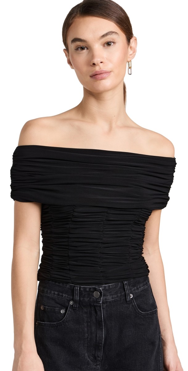 Tibi Drapey Jersey Ruched Strapless Top Black