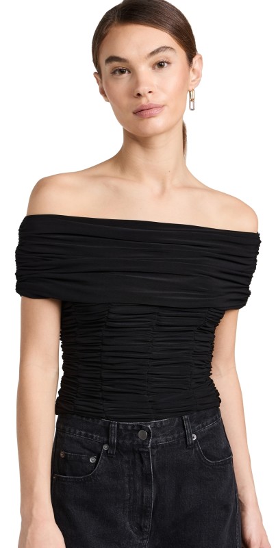 Tibi Drapey Jersey Ruched Strapless Top Black