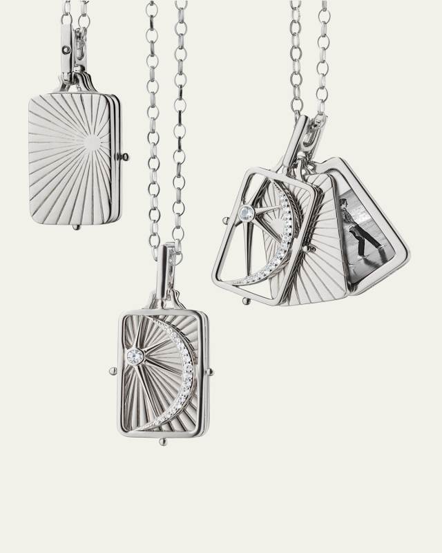 Sterling Silver Rectangular Sun, Moon, and Stars Gate Frame Necklace with Two Image Cases on a 32" Chain