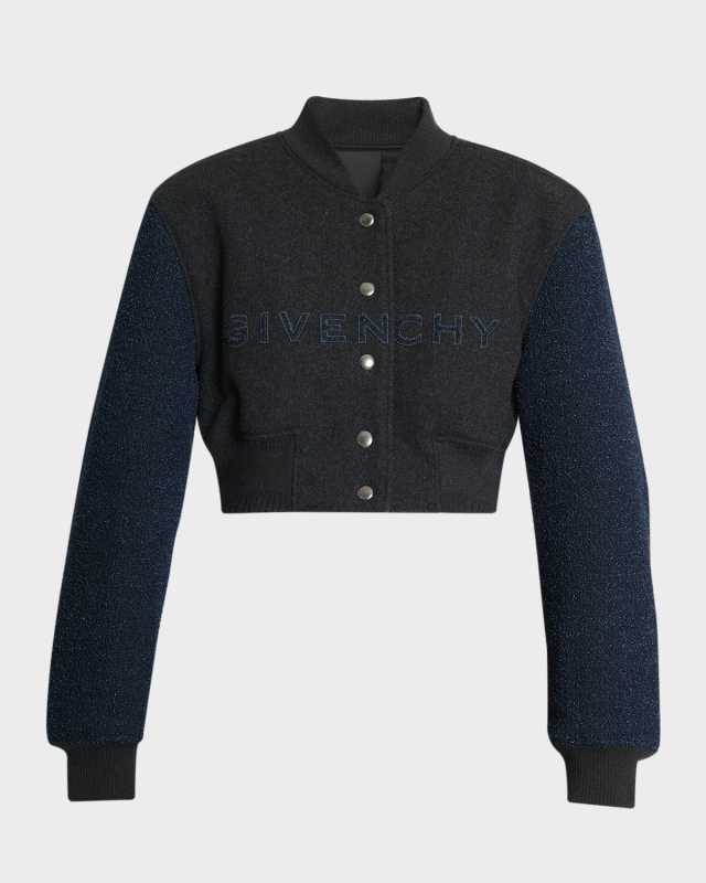 Boucle-Sleeves Crop Varsity Jacket