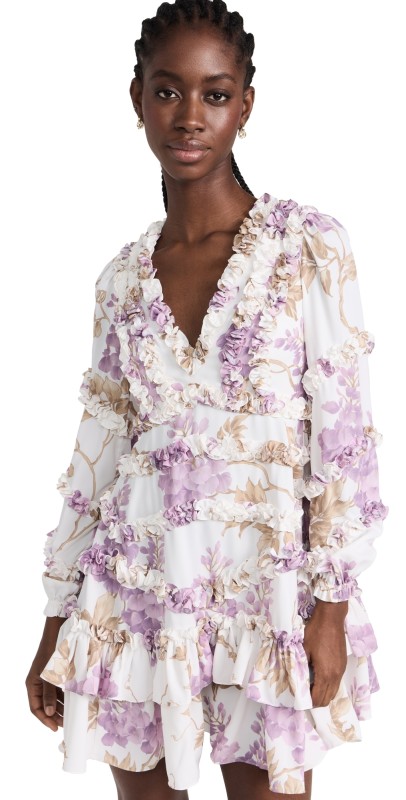 Needle & Thread Wisteria Crepe V Neck Micro Mini Dress Moonshine