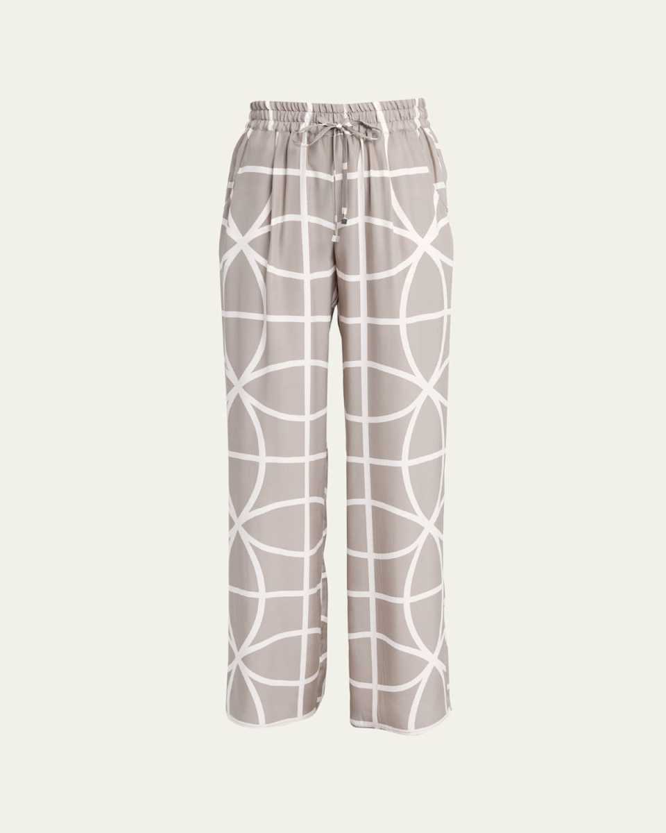 Printed Wide-Leg Drawstring Silk Trousers