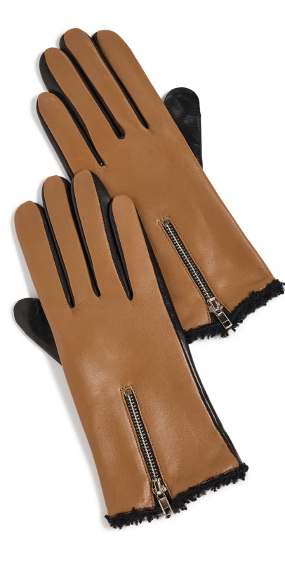 Carolina Amato Shearling Vent Gloves with Zipper Luggage/Black