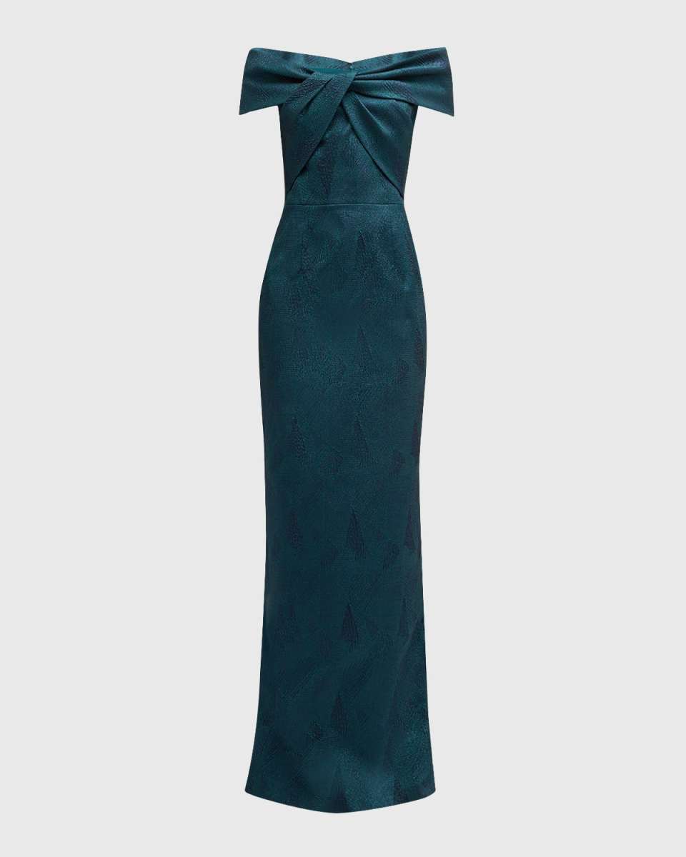 Off-Shoulder Stretch Jacquard Column Gown