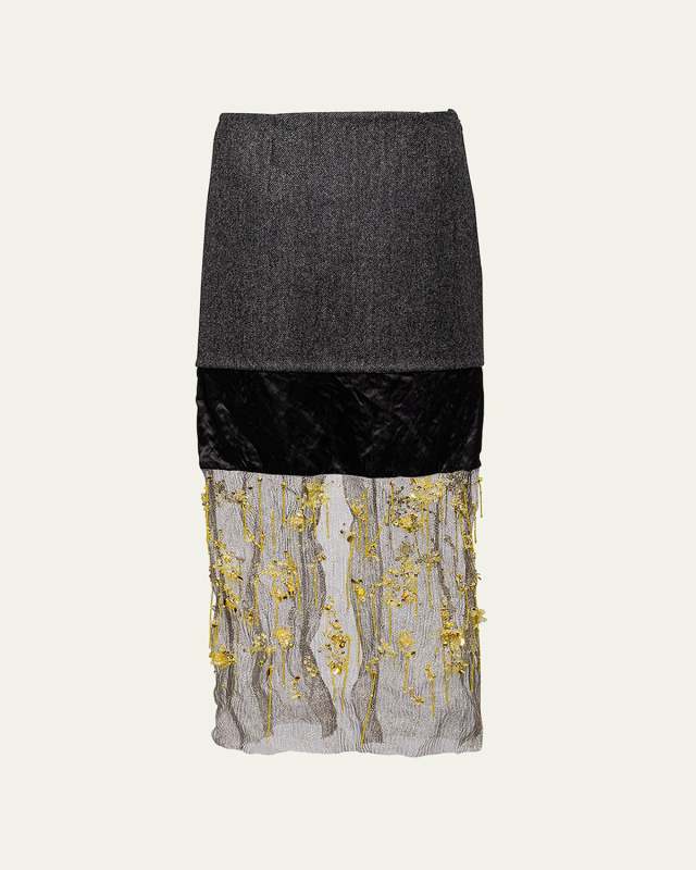 Mixed-Media Embellished Midi Skirt