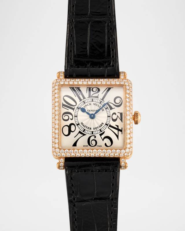 30mm 18K Rose Gold Master Square Diamond Watch with Alligator Strap
