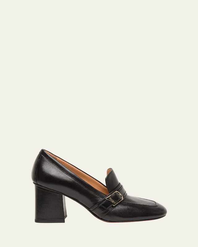 Claudette Leather Buckle Heeled Loafers