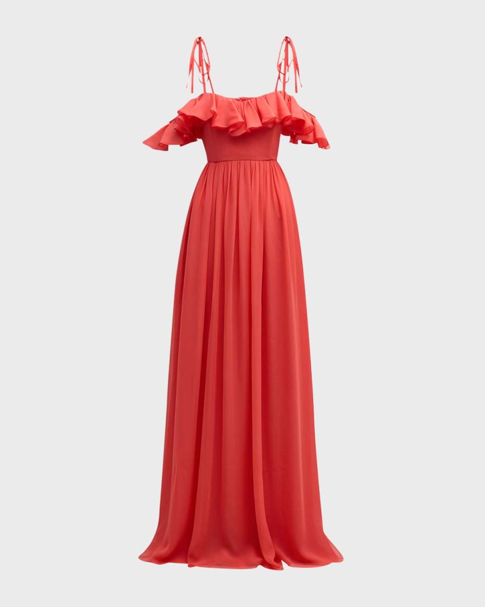Ruffle Off-The-Shoulder Silk Georgette Gown