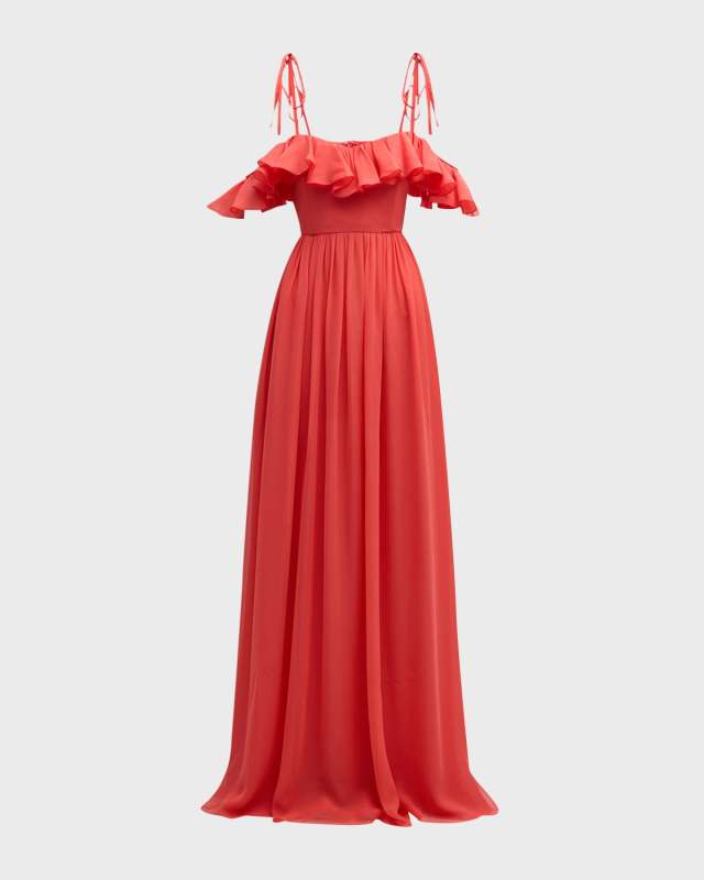 Ruffle Off-The-Shoulder Silk Georgette Gown