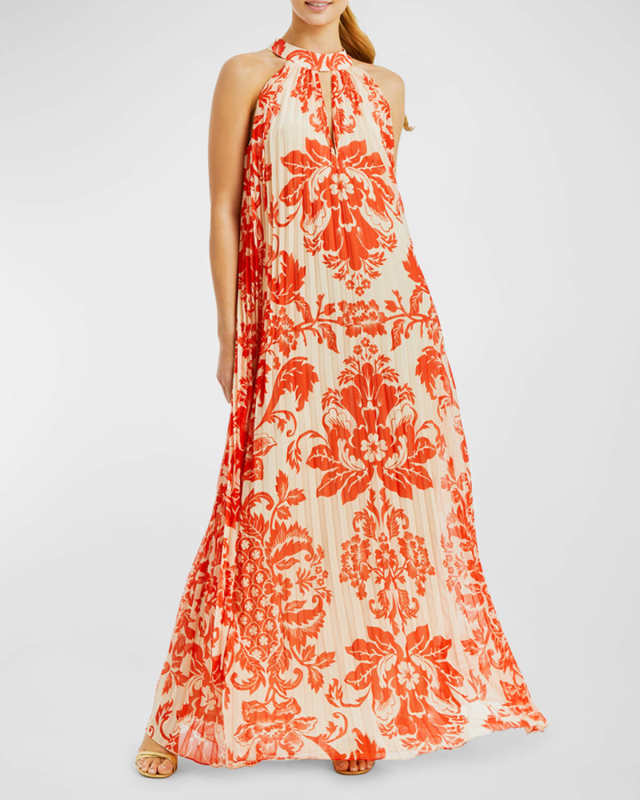 Almeria Pleated Floral-Print Halter Gown