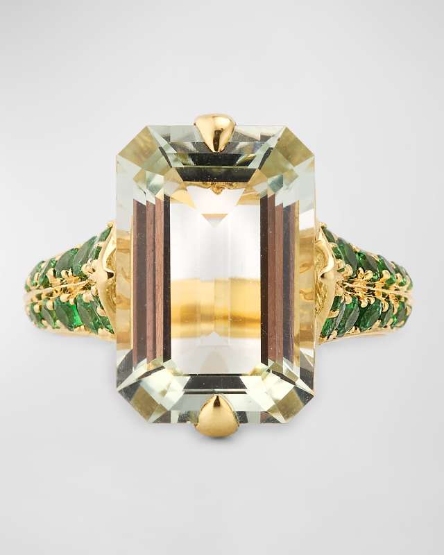 18K Rain Forest Emerald Cut Presiolite and Tsavorite Statement Ring