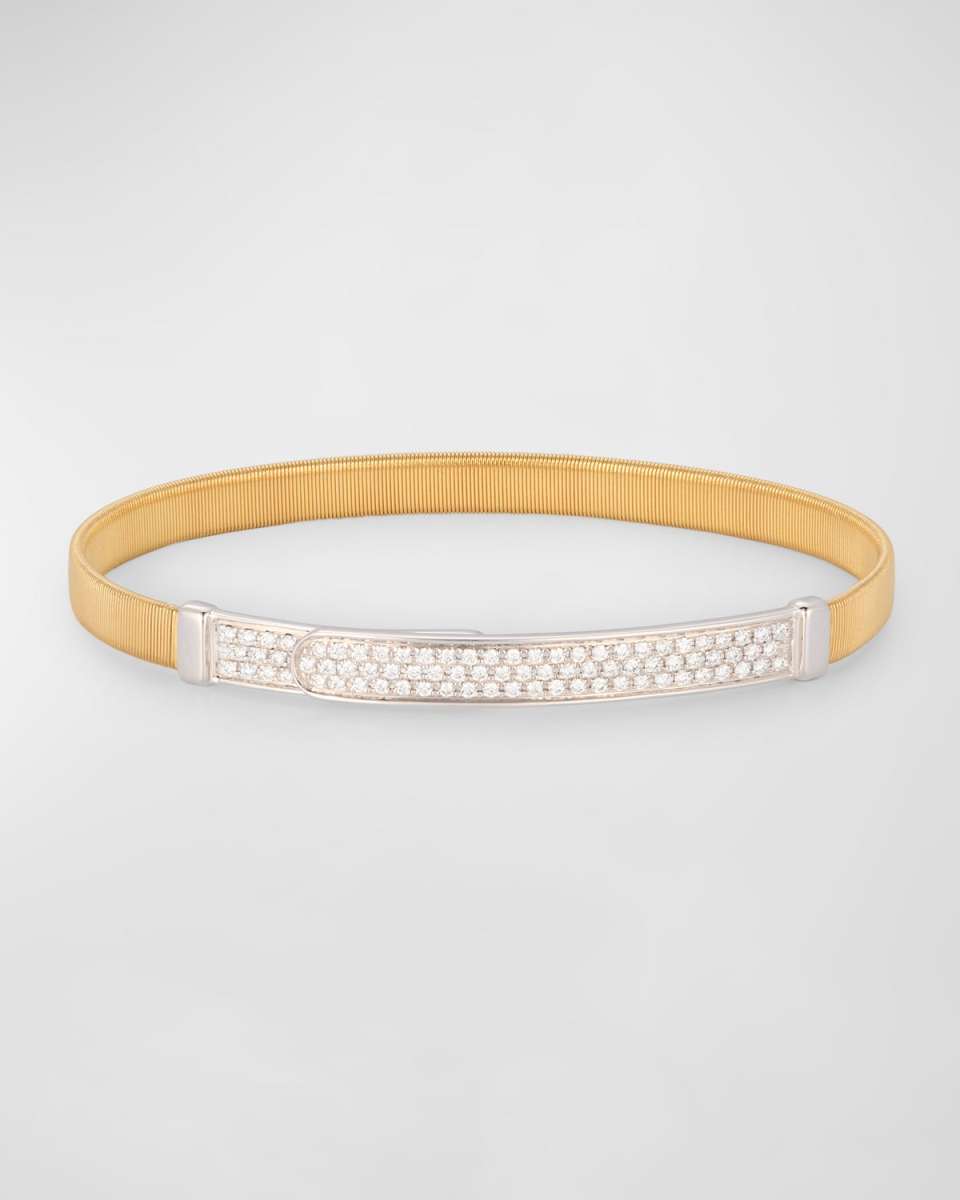 18K Yellow Gold Coil and Pavé Diamond Thin Bangle Bracelet