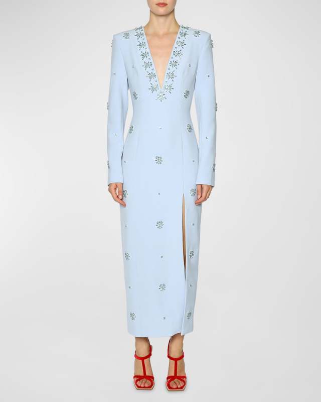 Aurore Plunging Crystal Long-Sleeve Slit-Hem Gown