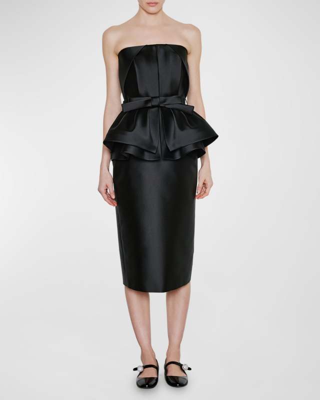 Strapless Peplum Midi Dress with Bow Detail