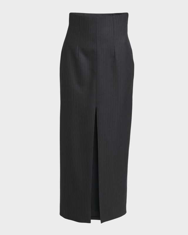 Wool Pinstripe Pencil Skirt with Slit