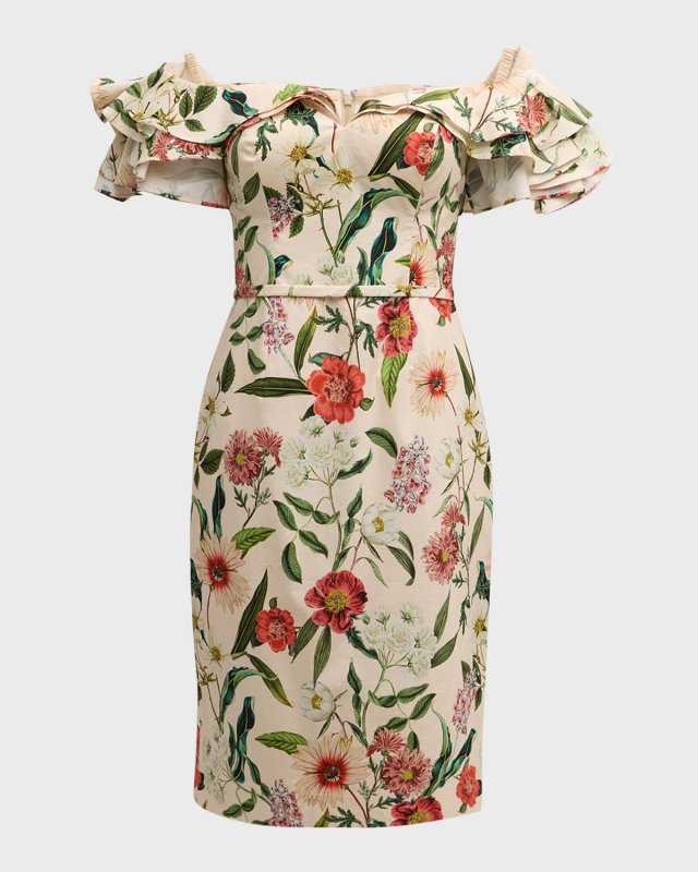 Floral-Print Off-Shoulder Stretch Cotton Dress