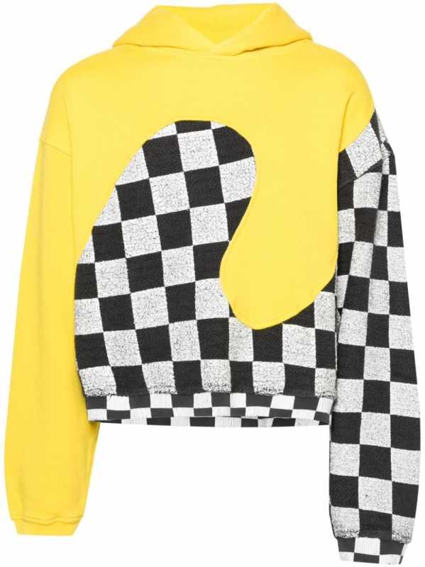 check-pattern panelled cotton hoodie