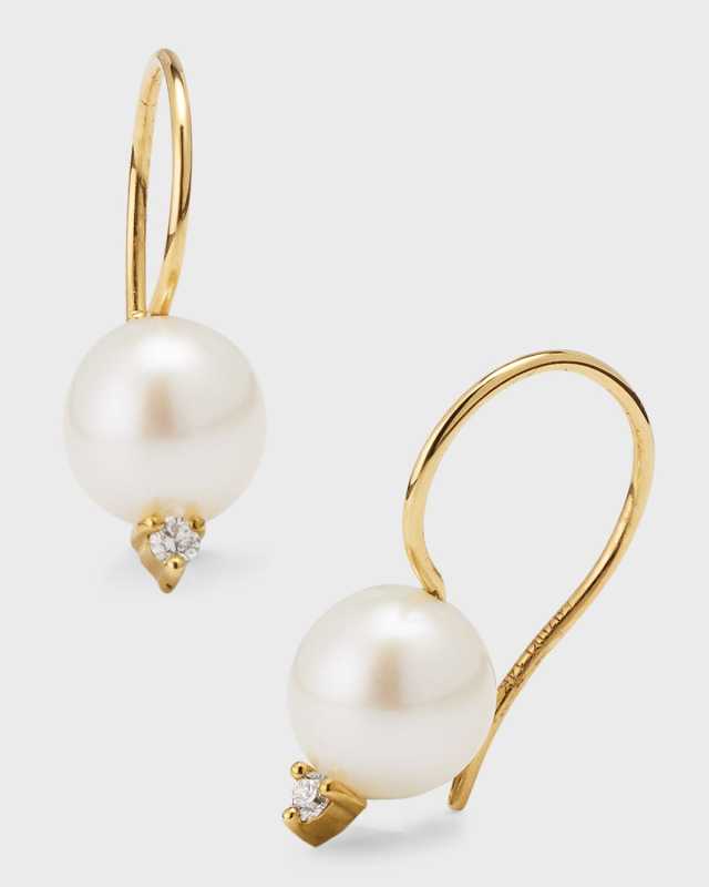 14K Freshwater Pearl and Diamond Fishhook Earrings