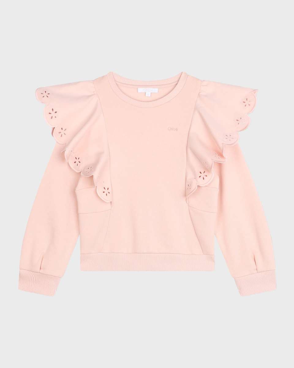 Girl's Logo-Print Embroidered Ruffle Trim Sweater, Size 8-14