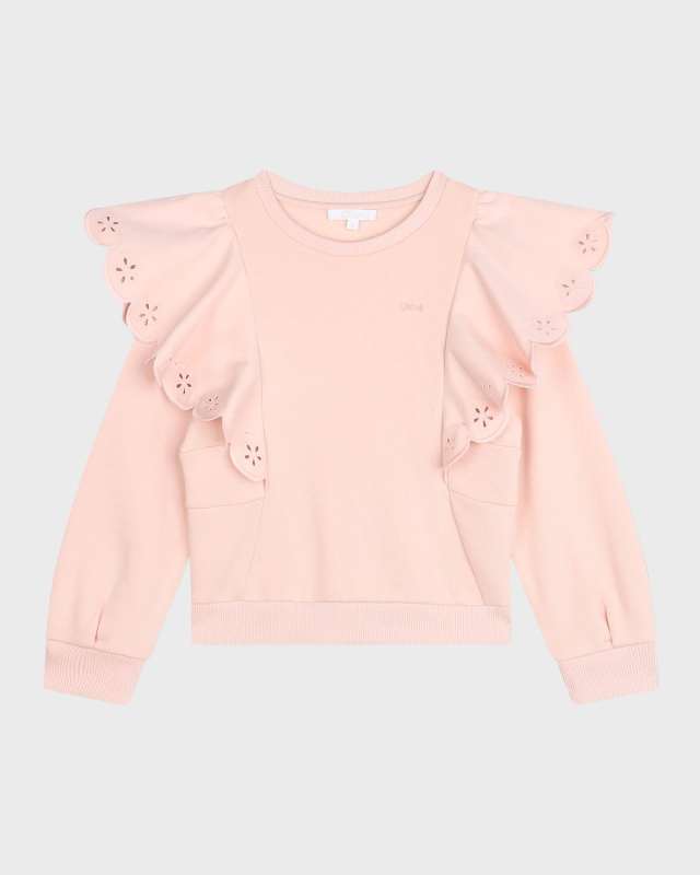 Girl's Logo-Print Embroidered Ruffle Trim Sweater, Size 8-14