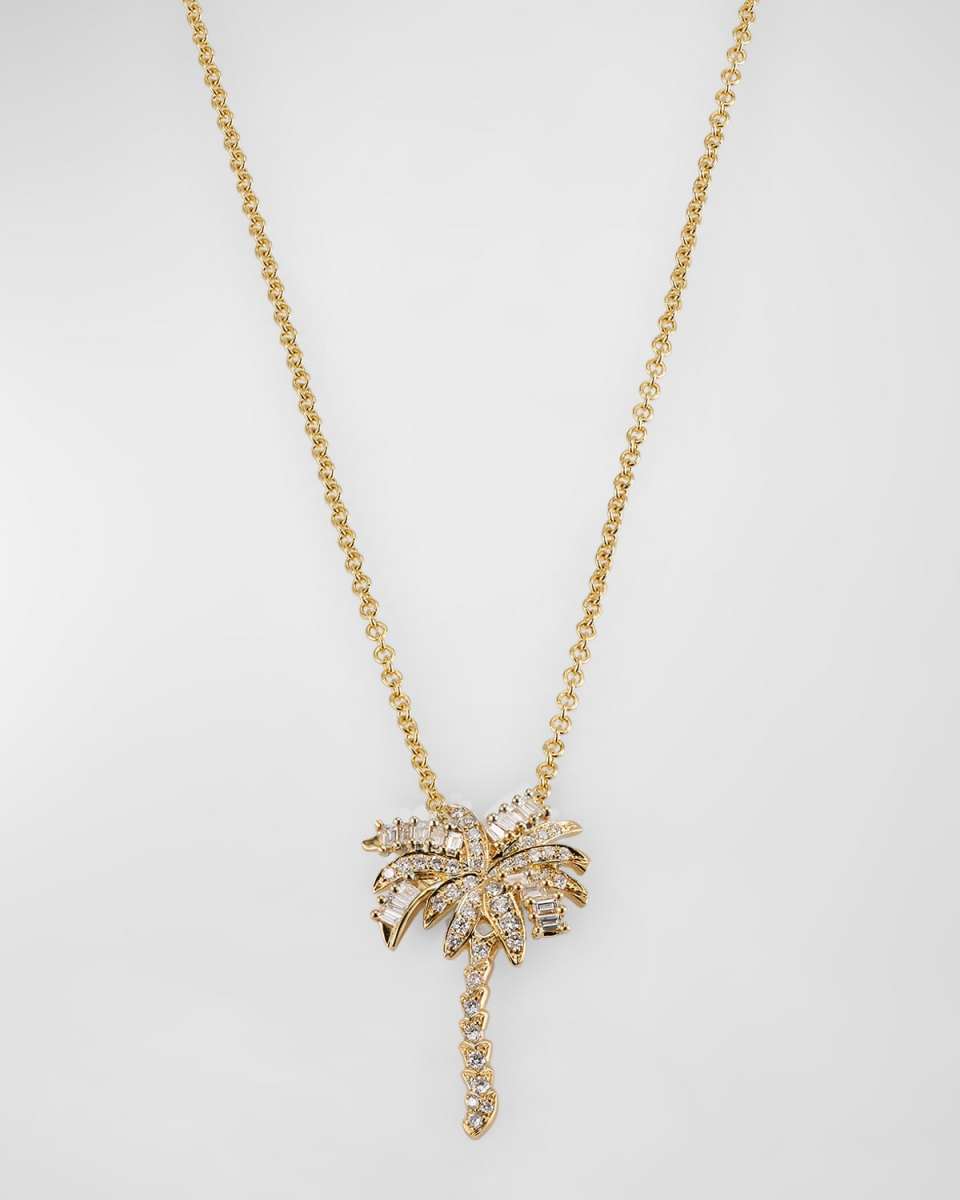 18K Yellow Gold Diamond Palm Tree Pendant Necklace