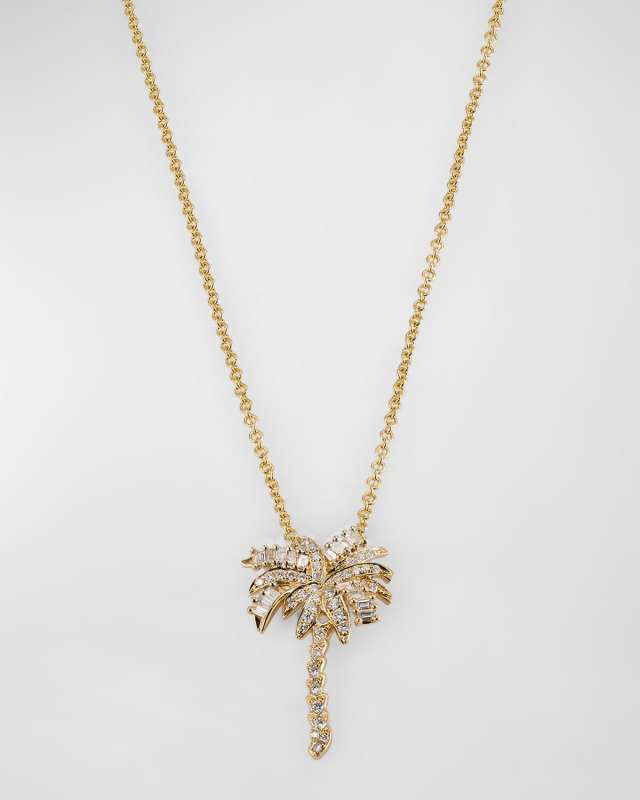 18K Yellow Gold Diamond Palm Tree Pendant Necklace