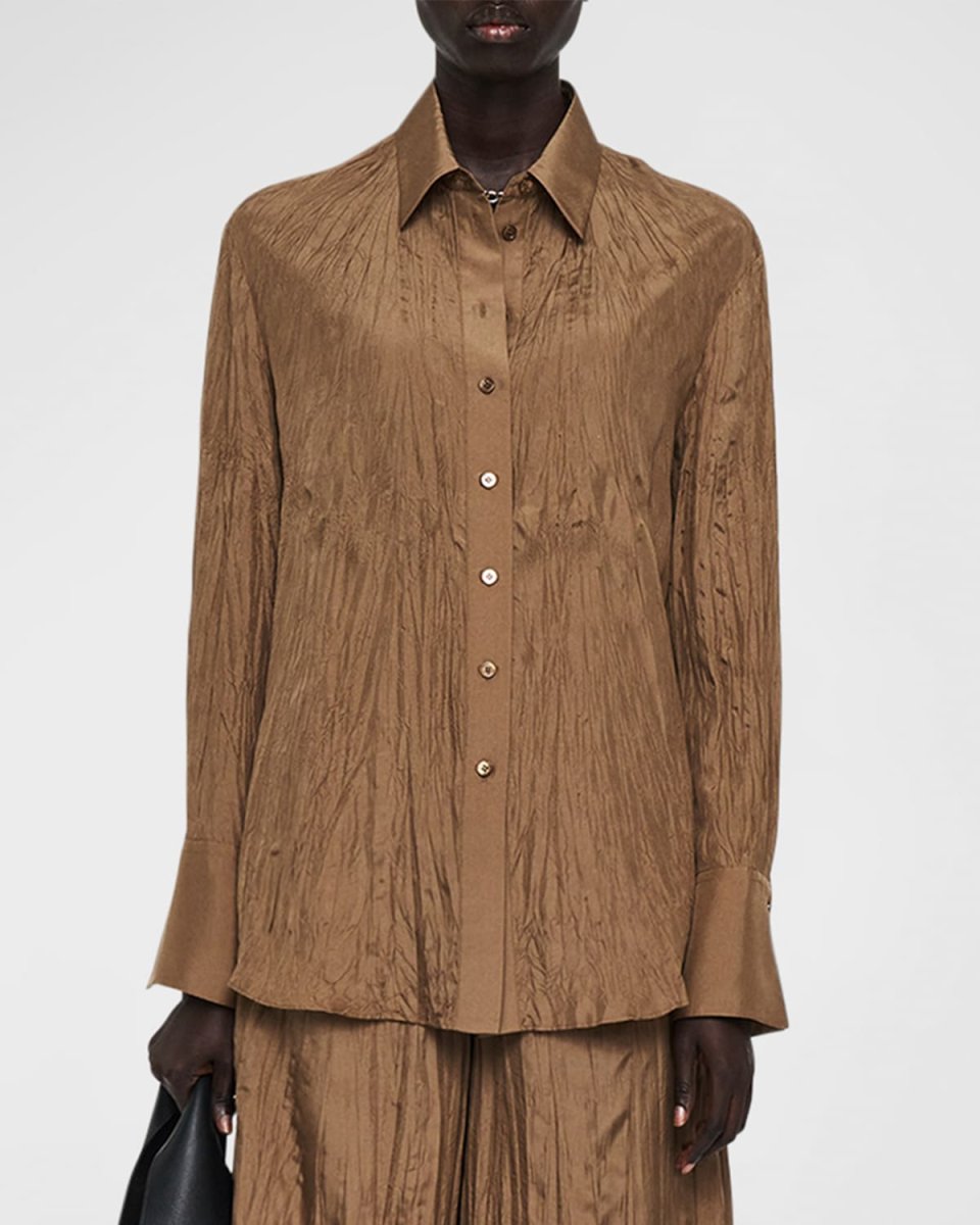 Bercy Crinkled Button-Down Silk Blouse