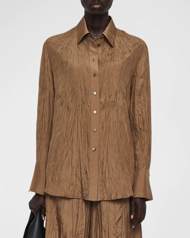 Bercy Crinkled Button-Down Silk Blouse