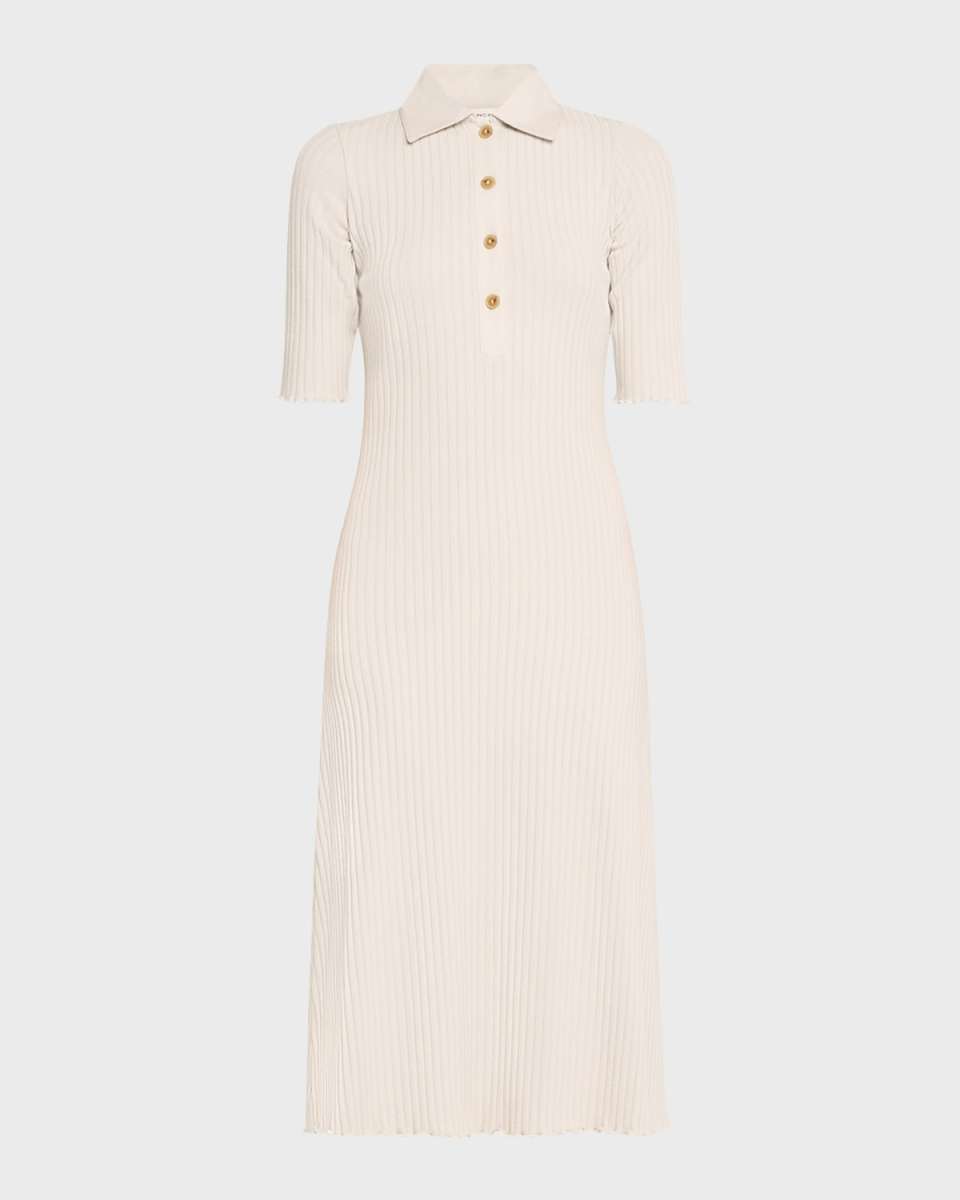 Ribbed Elbow-Sleeve Polo Midi Dress