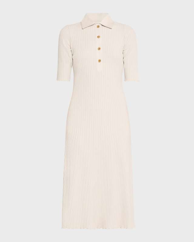 Ribbed Elbow-Sleeve Polo Midi Dress
