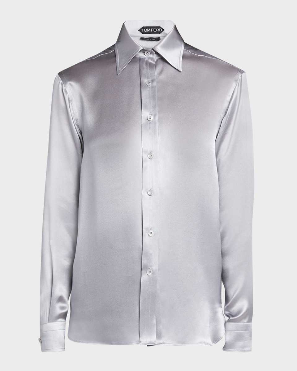 Pleated-Placket Fluid Silk Charmeuse Collared Shirt