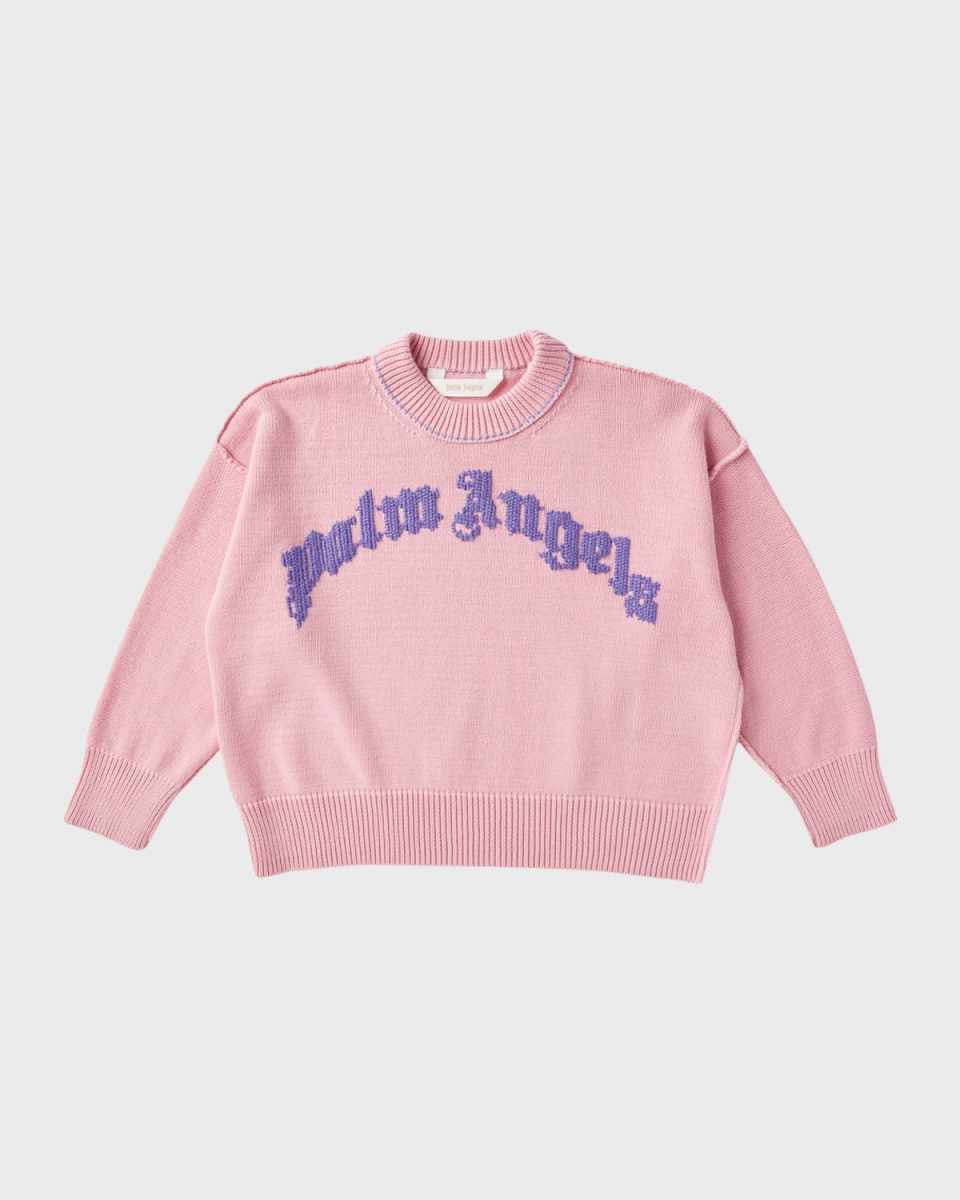 Girl's Curved Logo Cotton Knit Sweater, Size 4-12