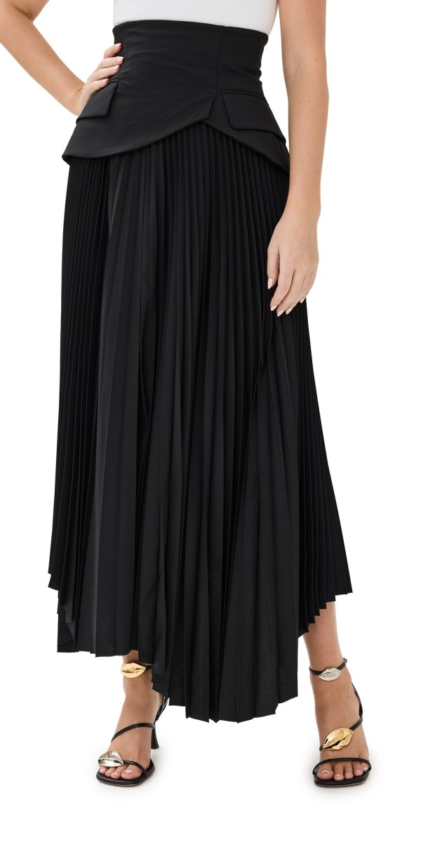 A. W.A. K.E. MODE Maxi Pleated Asymmetric Skirt with Basque Detail Black