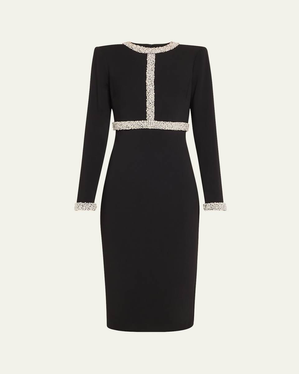 Crystal & Pearly-Trim Crepe Midi Sheath Dress