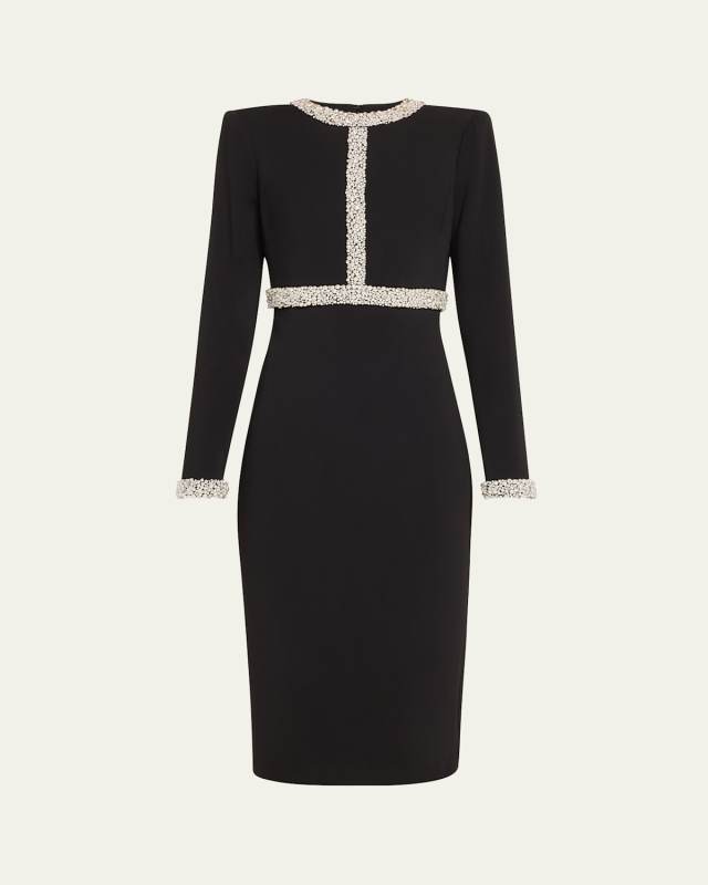 Crystal & Pearly-Trim Crepe Midi Sheath Dress