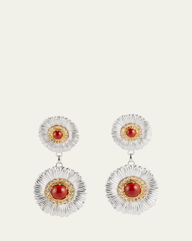 Blossom Color Daisy 18K Yellow Gold and Silver Earrings with Diamonds and Red Jasper