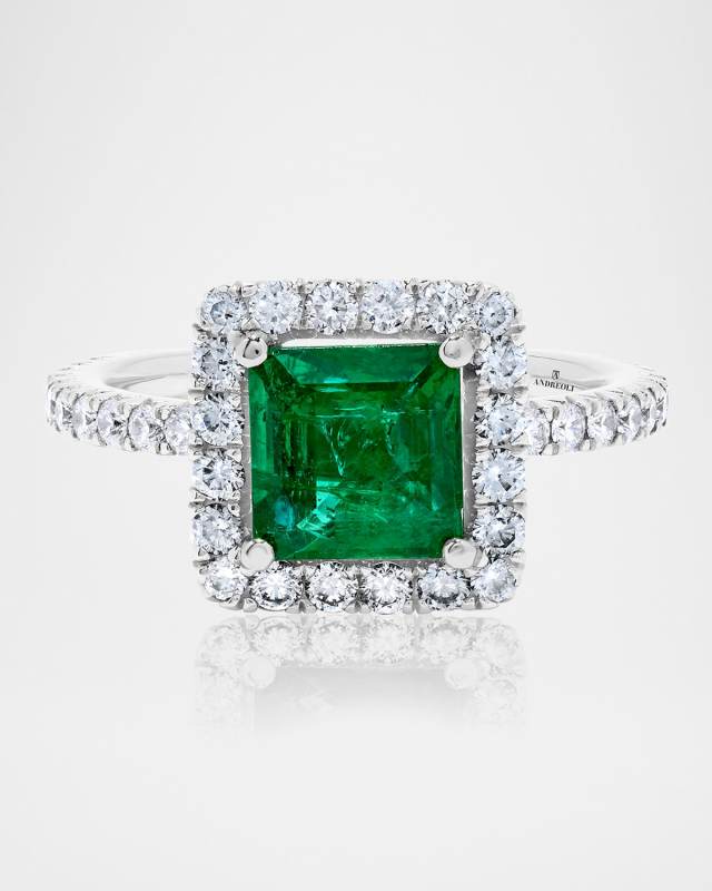 18K White Gold Emerald and Diamond Square Ring