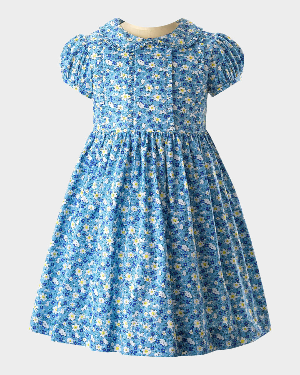 Girl's Micro Floral-Print Frill Dress, Size 2-10