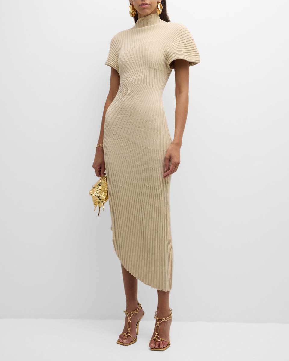 Chrysta Asymmetric Mock-Neck Cotton Knit Midi Dress
