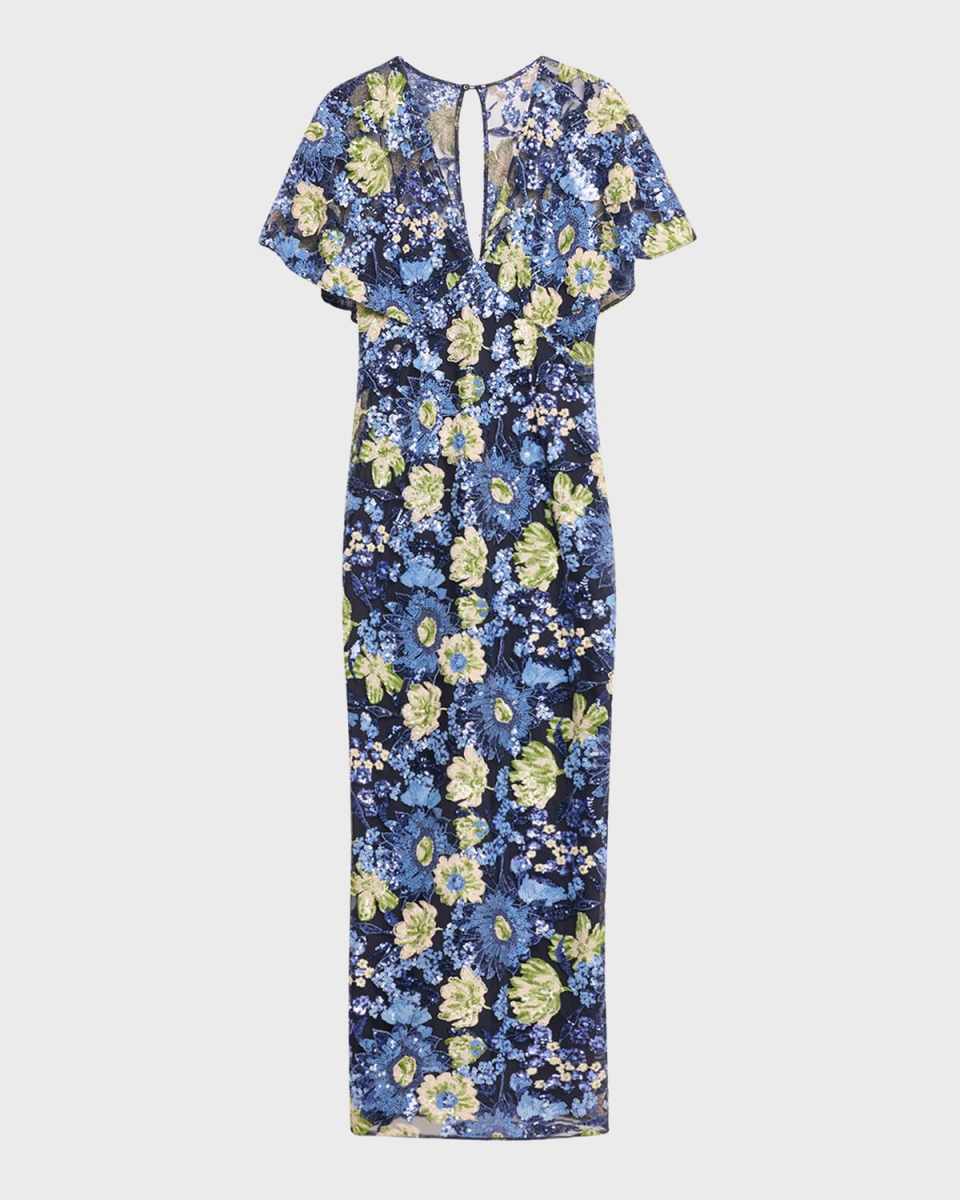 V-Neck Flower Sequin Cape-Sleeve Column Maxi Dress